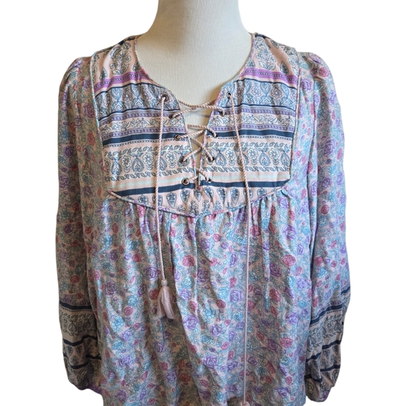 Lucky Brand Tops - Lucky Brand Pastel Paisley Lace-Up Peasant Tunic